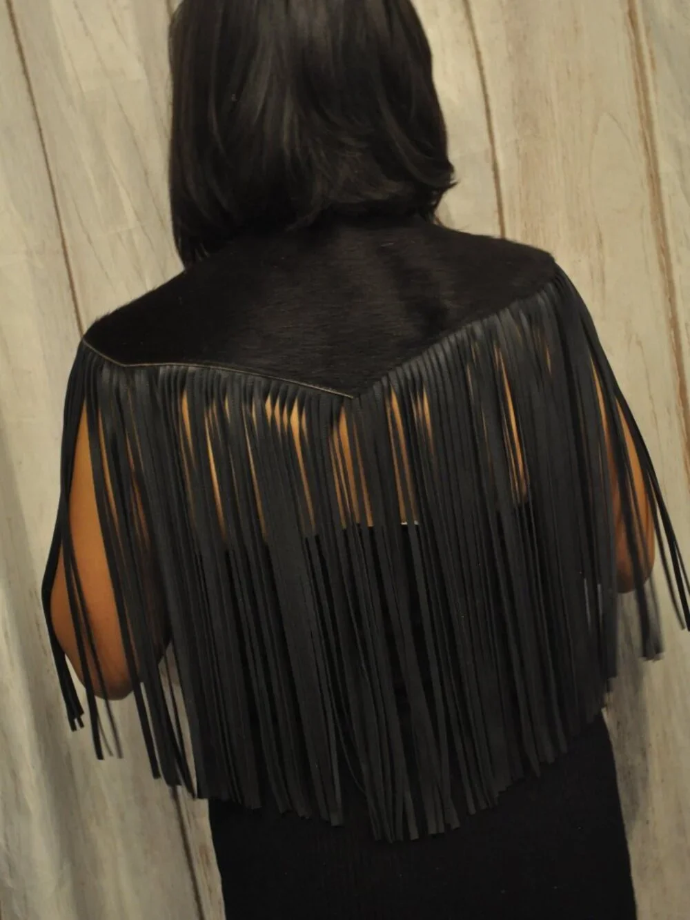 Black Cowhide & Leather Fringe Shawl – Western Statement Cape - Picture 3 of 3